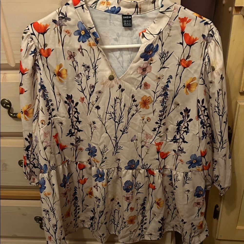 SHEIN Cream Floral Blouse with Orange and Blue
